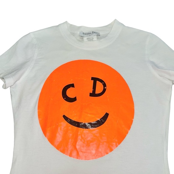 AUTH VTG Christian Dior Neon Orange Smiley Face CD Logo Graphic Tee Shirt Top - Picture 7 of 15